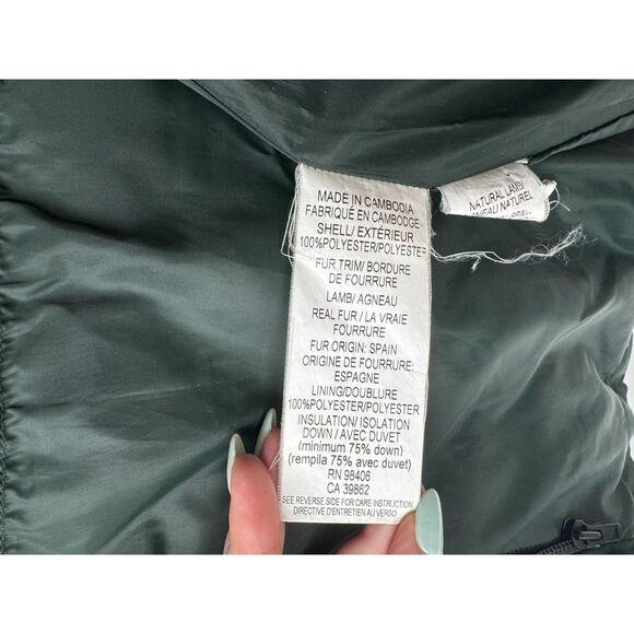 Theory Jacket Quilted Down Puffer Lamb Fur Trim Forest Green Size S - Picture 8 of 8